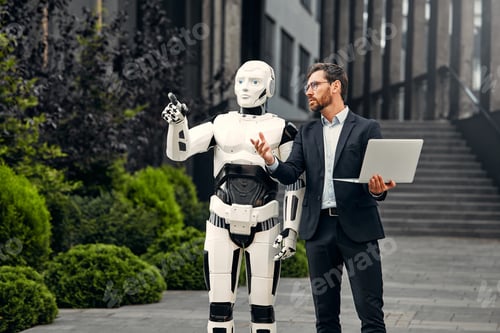 Preview: Robot with businessmen on the street near the building