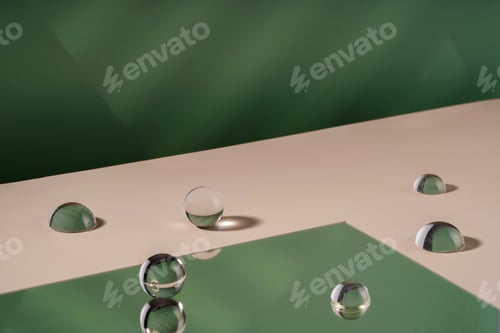 Preview: Green backdrop with transparent sphere decor, display mockup. Cosmetic background podium for product
