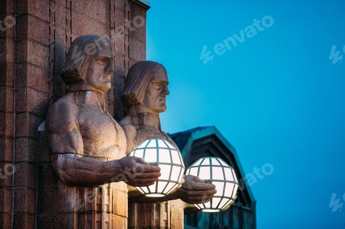 Preview: Helsinki, Finland. Night View Of Two Pairs Of Statues Holding Th