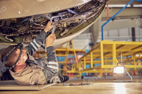Preview: Aviation mechanic is checking big jet before departure