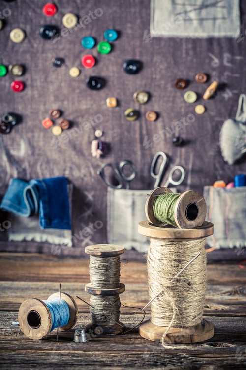 Preview: Sewing mat made of needles and threads in tailor workshop