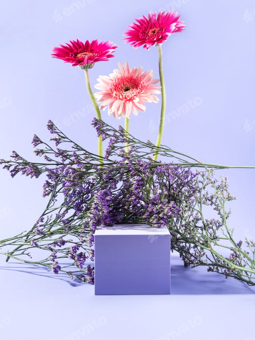 Preview: Spring summer floral podium scene on purple background with flowers. Display cube for product