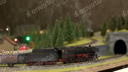 Preview: Toy train with smoke moving on model railway.
