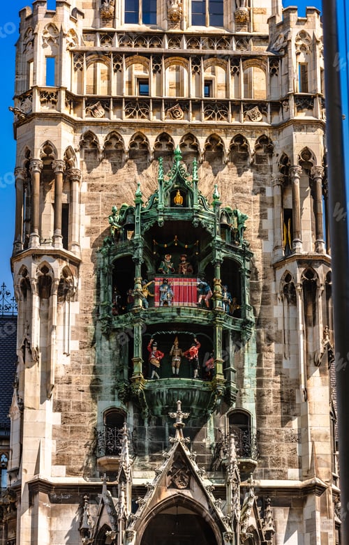 Preview: Panoramic view of theatrical puppet show on tower in Marienplatz town hall of Marien Square in