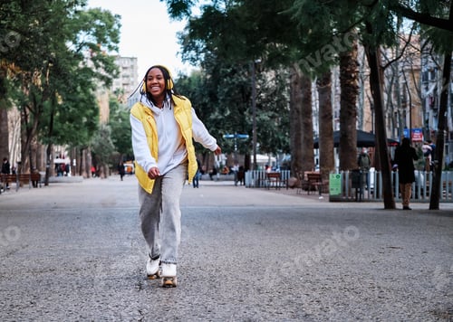Preview: Woman listening music while roller skating.