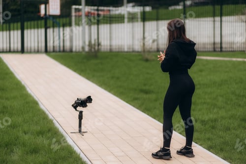 Preview: Athletic fitness trainer in sportswear shooting video on camera phone as she doing yoga on mat in
