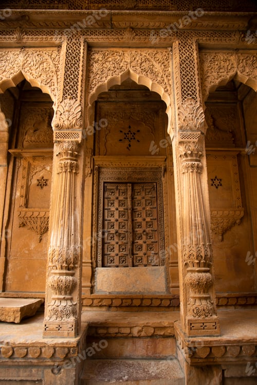 Preview: Old wooden doors of street houses in old town, Jaisalmer, India.