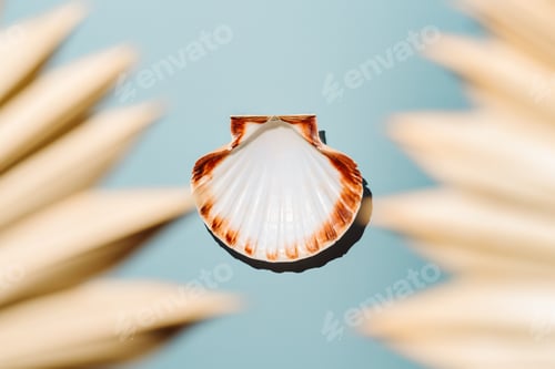 Preview: Scallop seashell on blue background with dry palm leaves