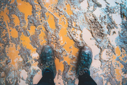 Preview: wet human footprint track on dirty mud, print, texture of foot path pattern background