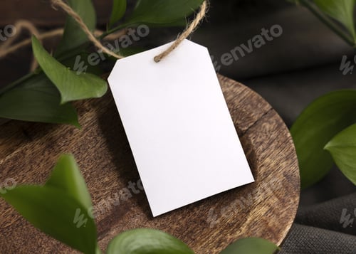 Preview: Vertical gift tag mockup on brown wooden tray near green leaves and grey fabric closeup