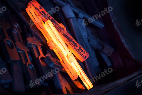 Preview: Glowing hot metal in a forge surrounded by dark steel tools
