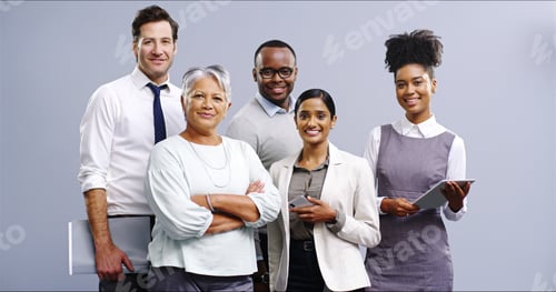 Preview: Business people, portrait and studio for group solidarity, collaboration and tech on gray backgroun