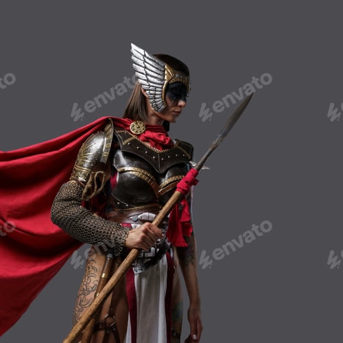 Preview: Tattooed ancient amazon with red cloak wielding spear