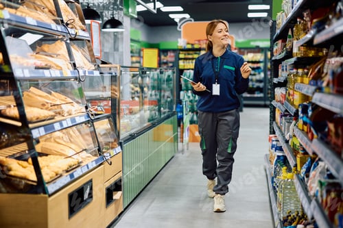 Preview: Happy supermarket manager walking through product aisle.
