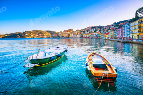 Preview: Wooden small boats in Porto Santo Stefano seafront. Argentario, Tuscany, Italy