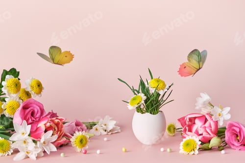 Preview: Easter creative composition. Spring flowers, Easter egg and butterflies. Easter card