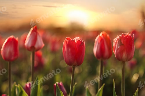 Preview: Field with fresh beautiful tulips. Blooming flowers