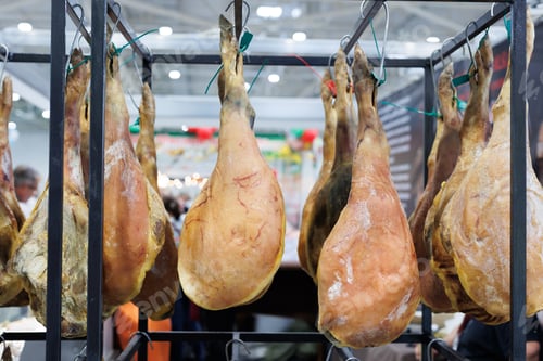 Preview: Butcher shop at the farmer's market: selling ham and delicacies.