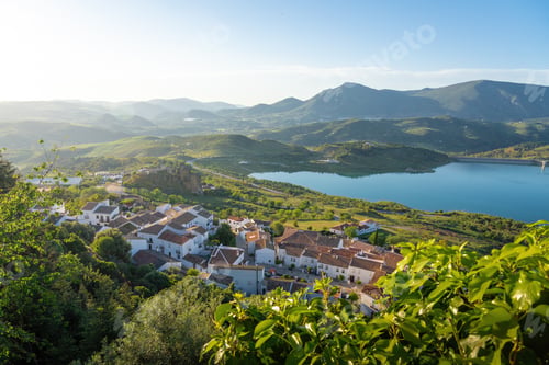 Preview: Aerial view of Zahara de la Sierra and Reservoir Lake - Zahara de la Sierra, Andalusia, Spain
