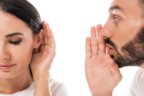 Preview: handsome bearded man gossiping near woman isolated on white