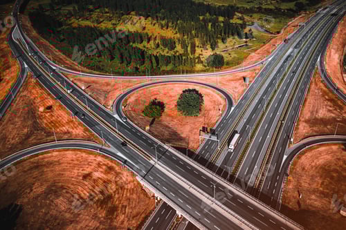 Preview: Clover leaf shaped highway interchange from drone pov