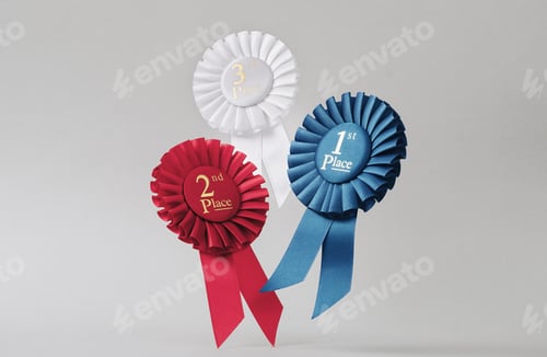 Preview: Three rosettes fly over gray background as awards to winners and champions for success and victory.
