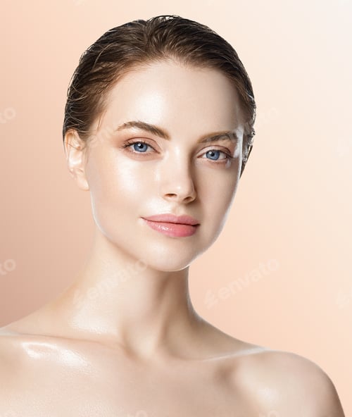 Preview: Woman cosmetic closeup beauty portrait healthy care skin and hair over beige color background