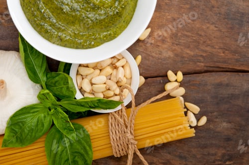 Preview: Italian traditional basil pesto pasta ingredients