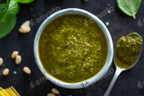 Preview: Pesto sauce in small bowl on table
