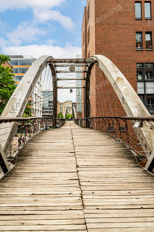 Preview: Bridge perspective leading to the historic red brick warehouses of Hamburg