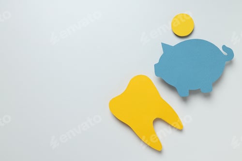 Preview: Paper tooth, piggy bank and coin on white background, space for text