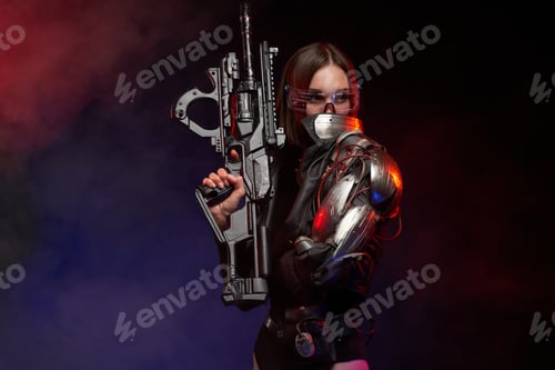 Preview: Military female person with implant and rifle in dark background