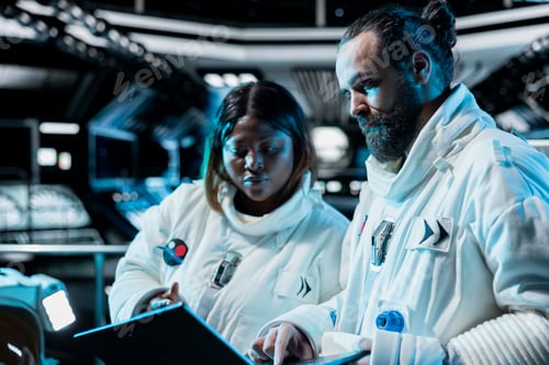 Preview: Teamworking astronauts brainstorming to confirm suit integrity using laptop