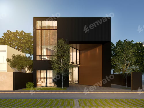 Preview: 3d rendering black minimal wood and black house