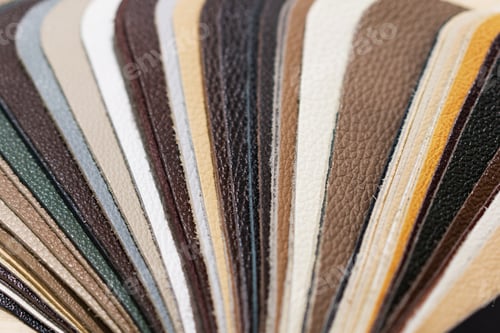 Preview: Luxury multicolored leather samples close-up. Multicolored palette leather