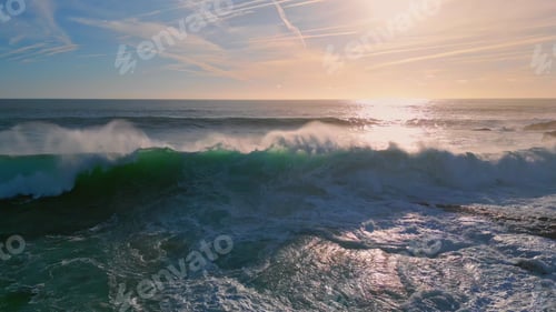 Preview: Powerful ocean surf rolling seashore sunny morning. Huge sea waves making foam
