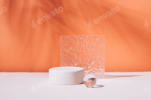 Preview: Abstract podium various geometric shapes and materials, stone glass, bright coral empty background,