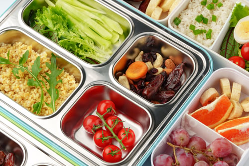 Preview: Many containers with delicious healthy food for background
