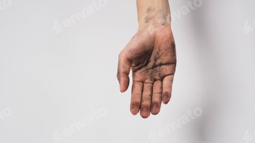 Preview: Empty dirty right hand on white background.