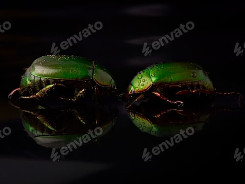 Preview: Closeup wet green beetle bug with reflection on a black background