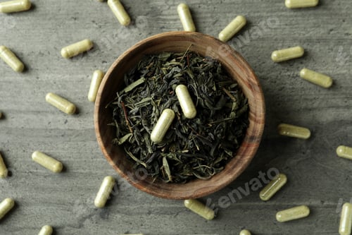 Preview: Concept of herbal medicine pills on gray textured background, top view