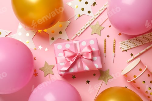 Visualização: Composição com diferentes acessórios de aniversário em fundo rosa, vista superior