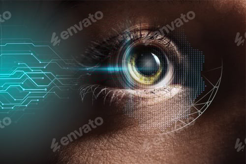 Preview: close up view of human eye with data illustration, robotic concept