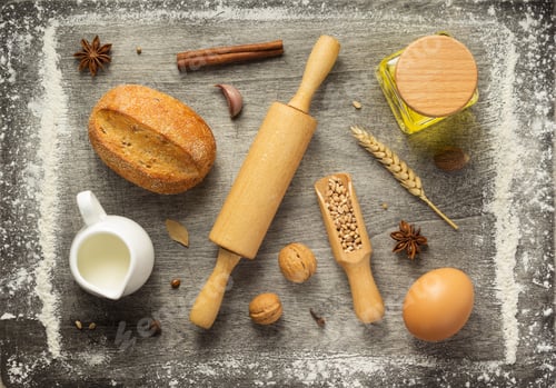 Preview: bakery ingredients on wooden background