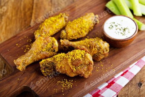 Delicious Fried Chicken Wings with Celery and Dip