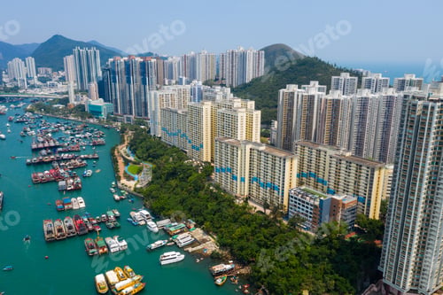 Preview: Aberdeen, Hong Kong 12 May 2019: Drone fly over Hong Kong city with typhoon shelter