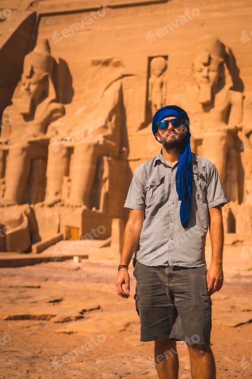 Preview: Portrait Of A Young Tourist With A Blue Turban Visiting The Abu Simbel Temple In Southern Egypt In