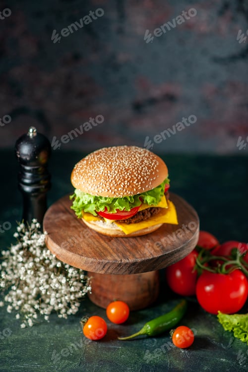 Preview: front view meat hamburger with tomatoes on dark background bun kfc color fast-food french fries