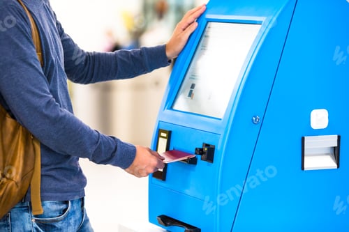 Preview: Close-up display at self-service transfer machine, doing self-check-in for flight or buying airplane