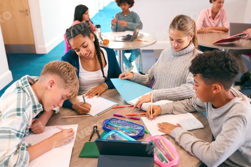 Preview: Secondary Or High School Students Collaborating In Study Area With Teachers In Background